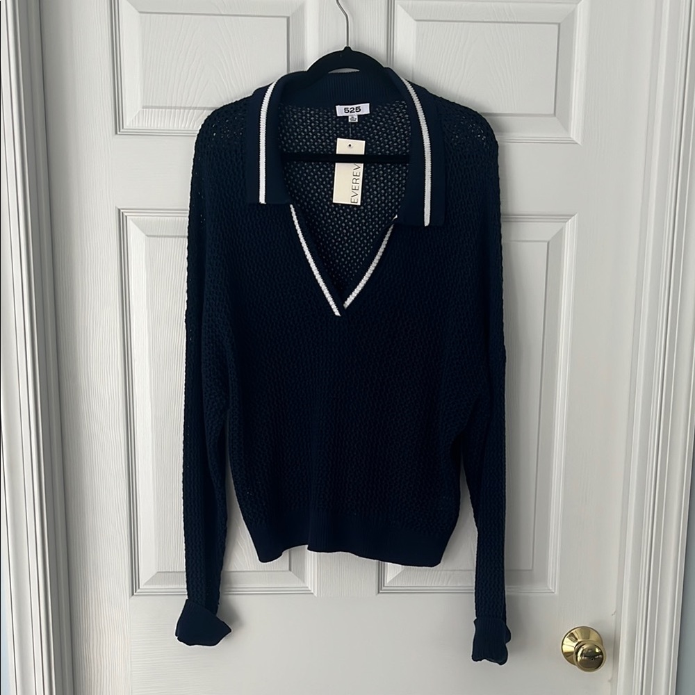 Navy V-Neck Sweater with White Trim